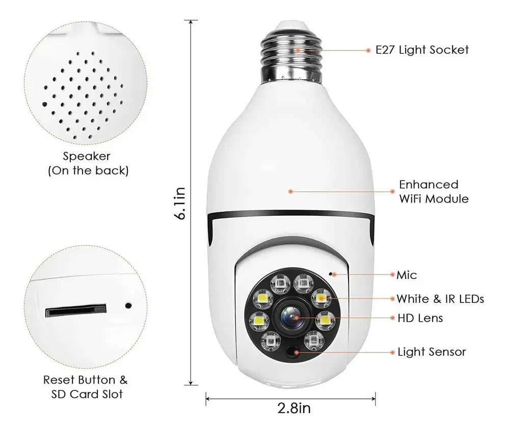 Cámara Q5 En Bombilla Wifi 360° Con Visión Nocturna Blanco