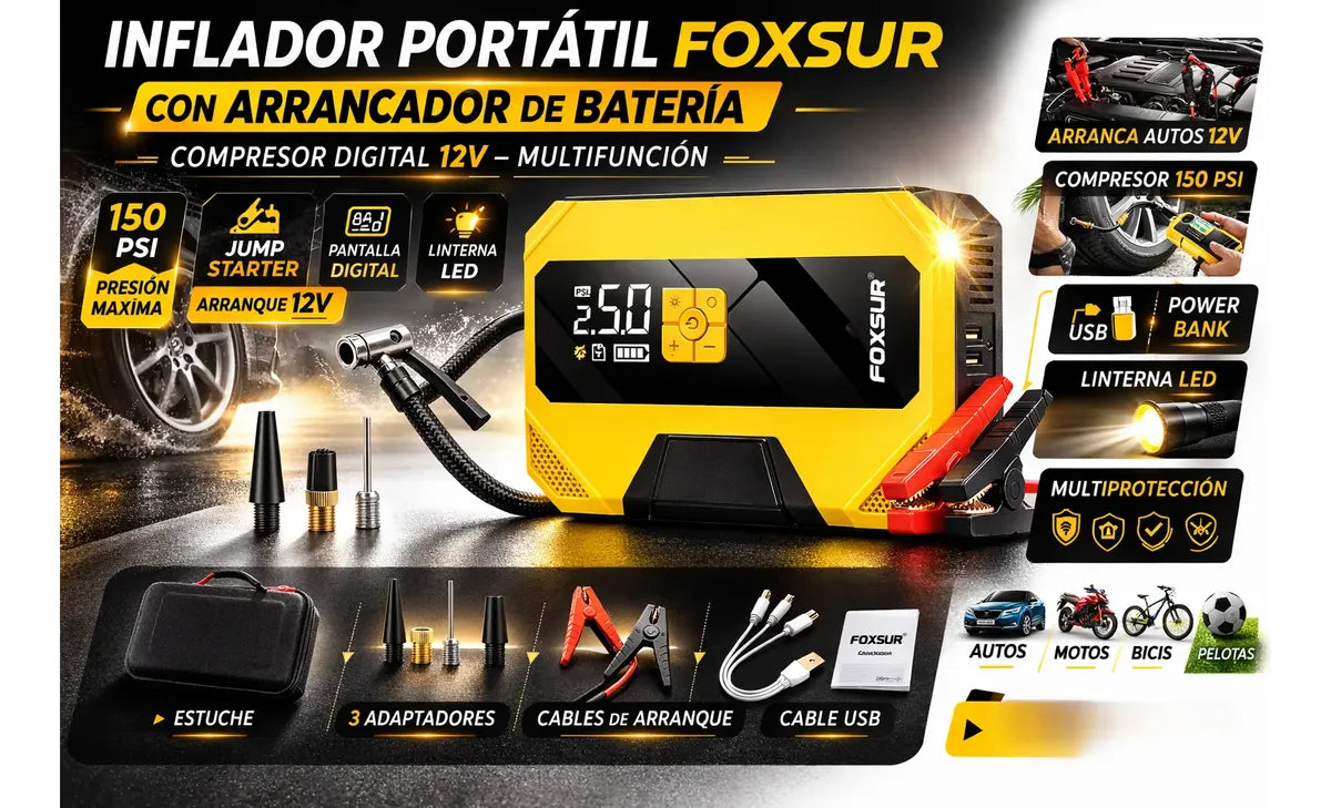 Inflador Portátil Foxsur Con Arrancador De Batería