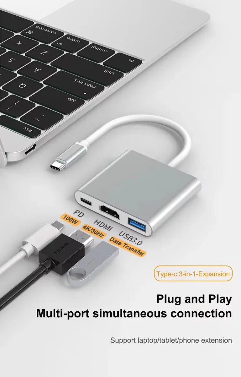 Cable Adaptador 3 En 1 Usb Tipo C A Hdmi Gris