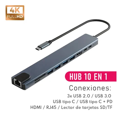 Adaptador Hub Usb-c 8 En 1 Hdmi 4k Ethernet Usb Sd