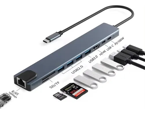 Adaptador Hub Usb-c 8 En 1 Hdmi 4k Ethernet Usb Sd