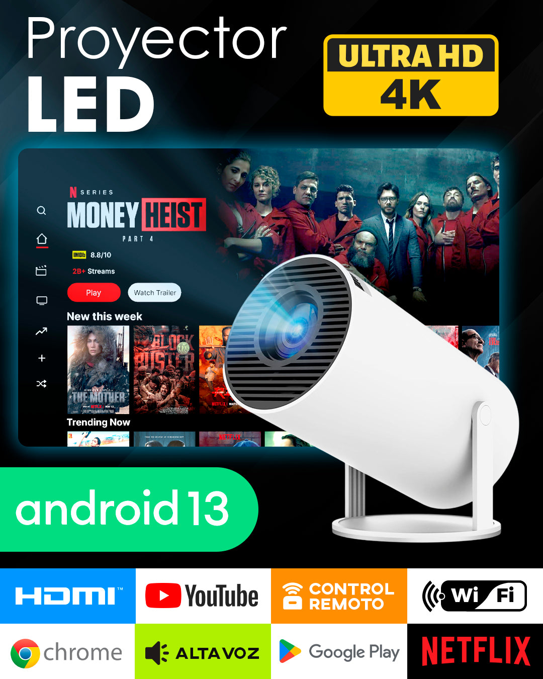 Mini Proyector Smart HY300 Pro / 4K / Android 13 / incluye control remoto